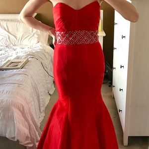 Red, strapless, evening gown